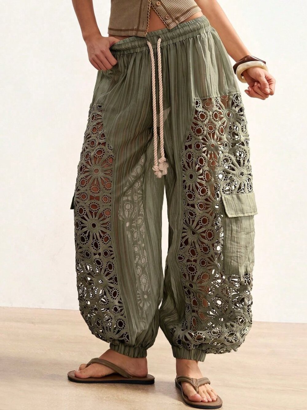 Women's Casual Boho Woven Patchwork Loose Fit Long Pants Vacation - Picture 5 of 8